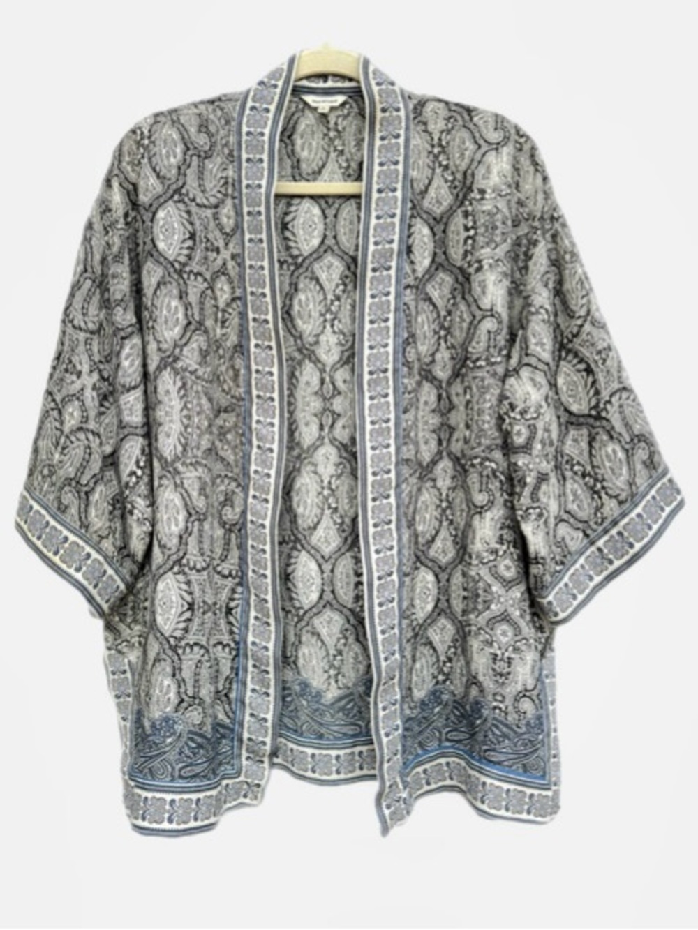 Max Studio Paisley Kimono Cardigan Open Front Lightweight Black White Blue Small